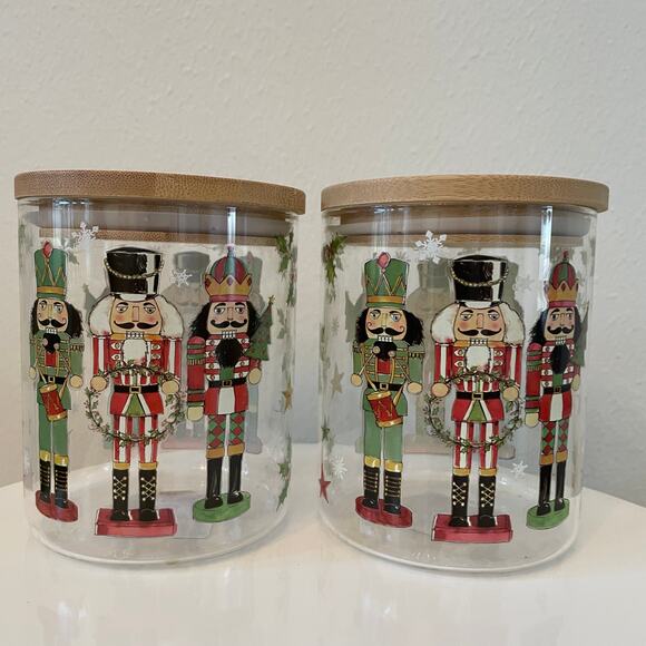 Nutcracker Themed Glass Canister Jar Vintage CHRISTMAS Storage Set of 2 New - Picture 5 of 16